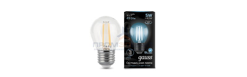 Лампа Gauss Filament Шар 5W 450lm 4100К Е27 диммируемая LED 1/10/50