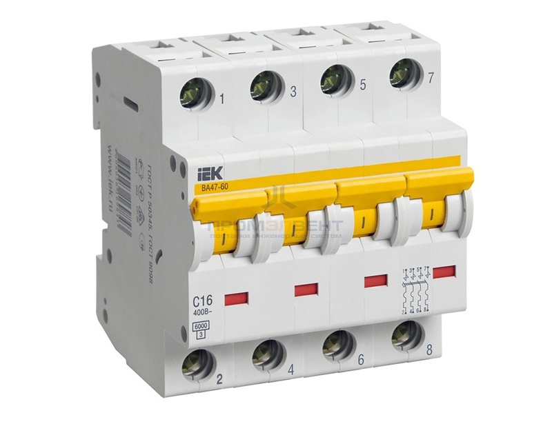 Автоматический выключатель ВА 47-60 4Р 16А 6 кА характеристика С ИЭК (автомат)