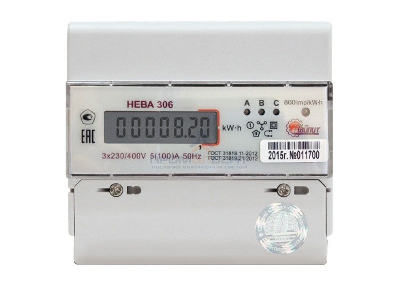 Счетчик трехфазный однотарифный НЕВА 306 1S0 5(100)А 380В ЖКИ на DIN-рейку 7 модулей